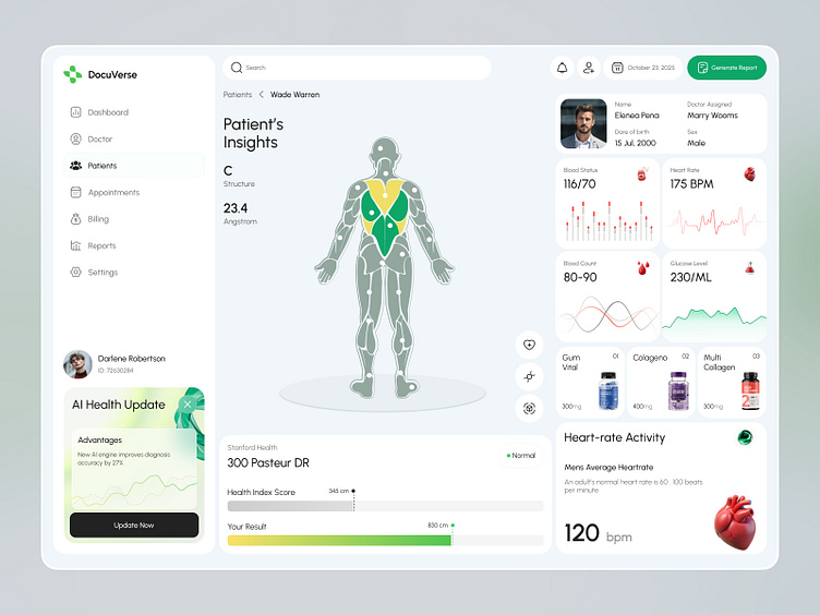 Medical SaaS dashboard with patient profile sidebar, 3D body insight visualization, vitals grid, supplements, heart-rate charts