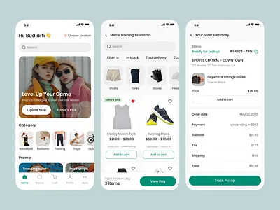 Three mobile screens: sports apparel app with category chips, product grid with prices, and order summary with pickup status
