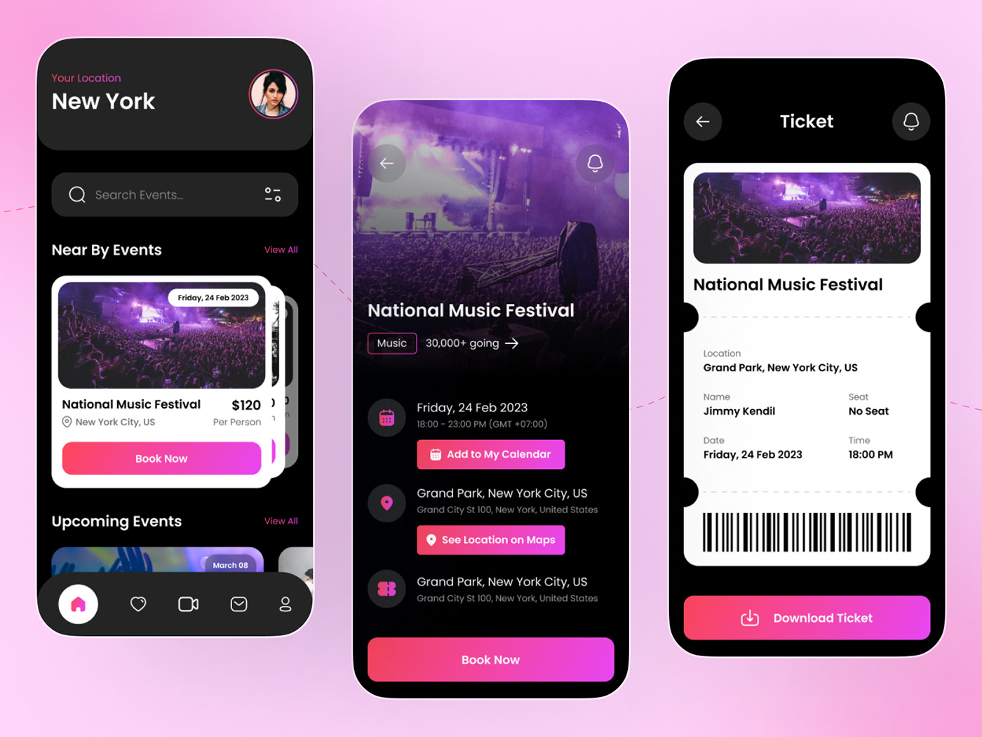 Dark-themed mobile event app: nearby events list, event detail with location map, digital ticket with barcode