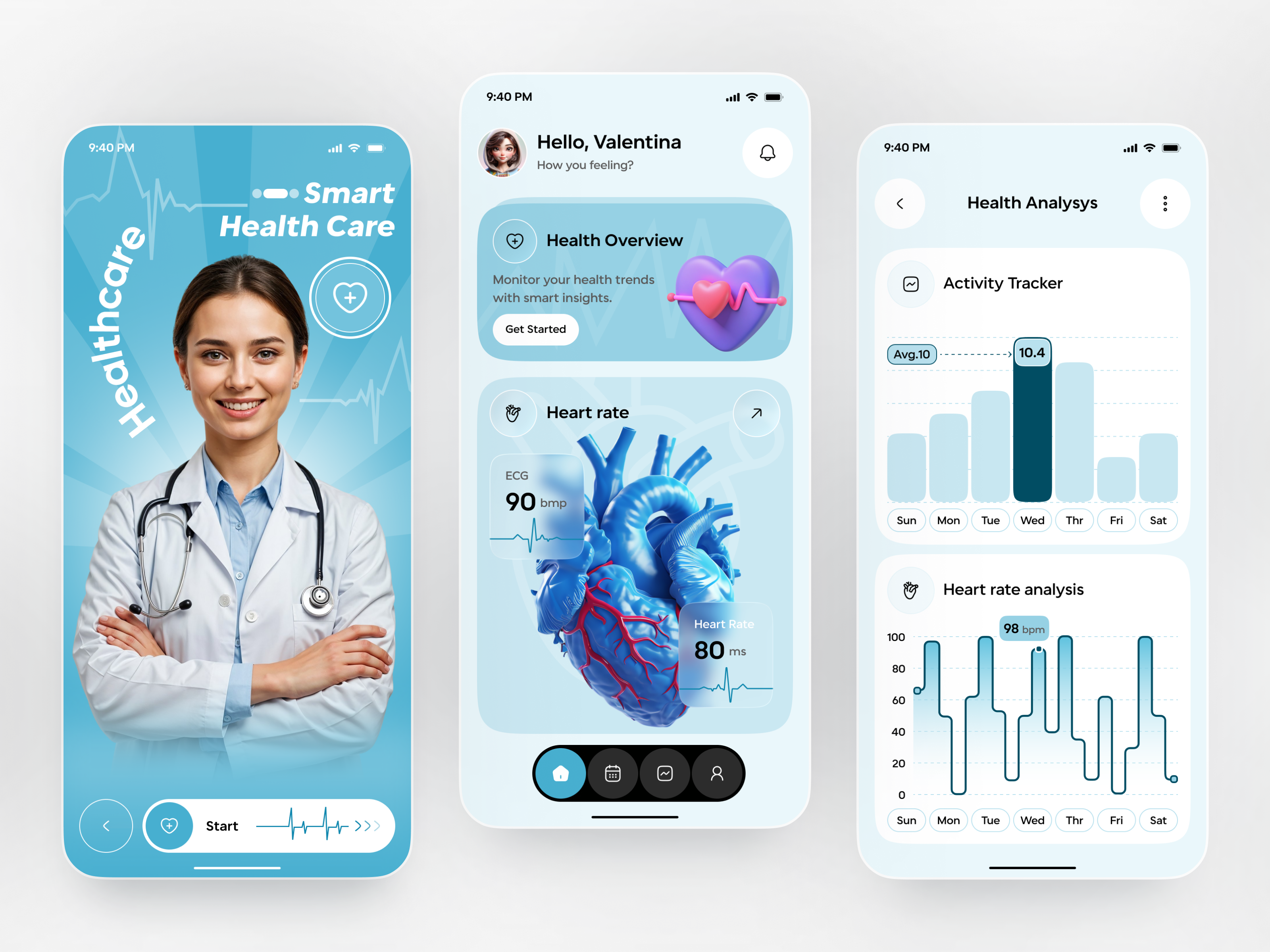 Three mobile screens: health app onboarding, heart-rate dashboard with 3D heart visual, weekly activity charts in blue-teal