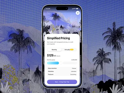 Mobile screen showing annual/monthly pricing toggle, single tier at $129/mo, feature list, and 14-day free trial button on gradient
