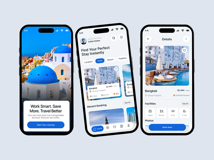 Three travel booking app screens: Santorini onboarding, hotel discovery with category filters, property detail with book now