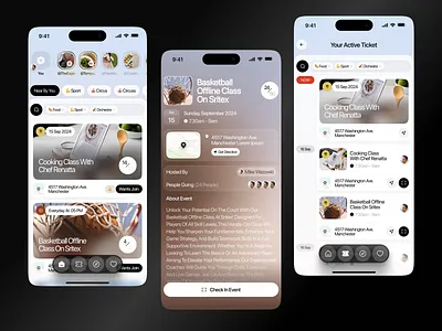 Dark event booking app with feed of events, sports and cooking category chips, active ticket view and check-in button