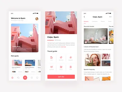 Clean travel app showing Spain welcome screen with architecture photo, hot spots tab, Calpe city detail with food and transport options