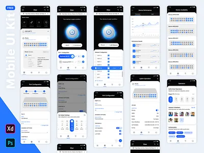 Multi-screen mobile UI kit in blue and white showing IoT device discovery, port configuration, performance charts and device availability