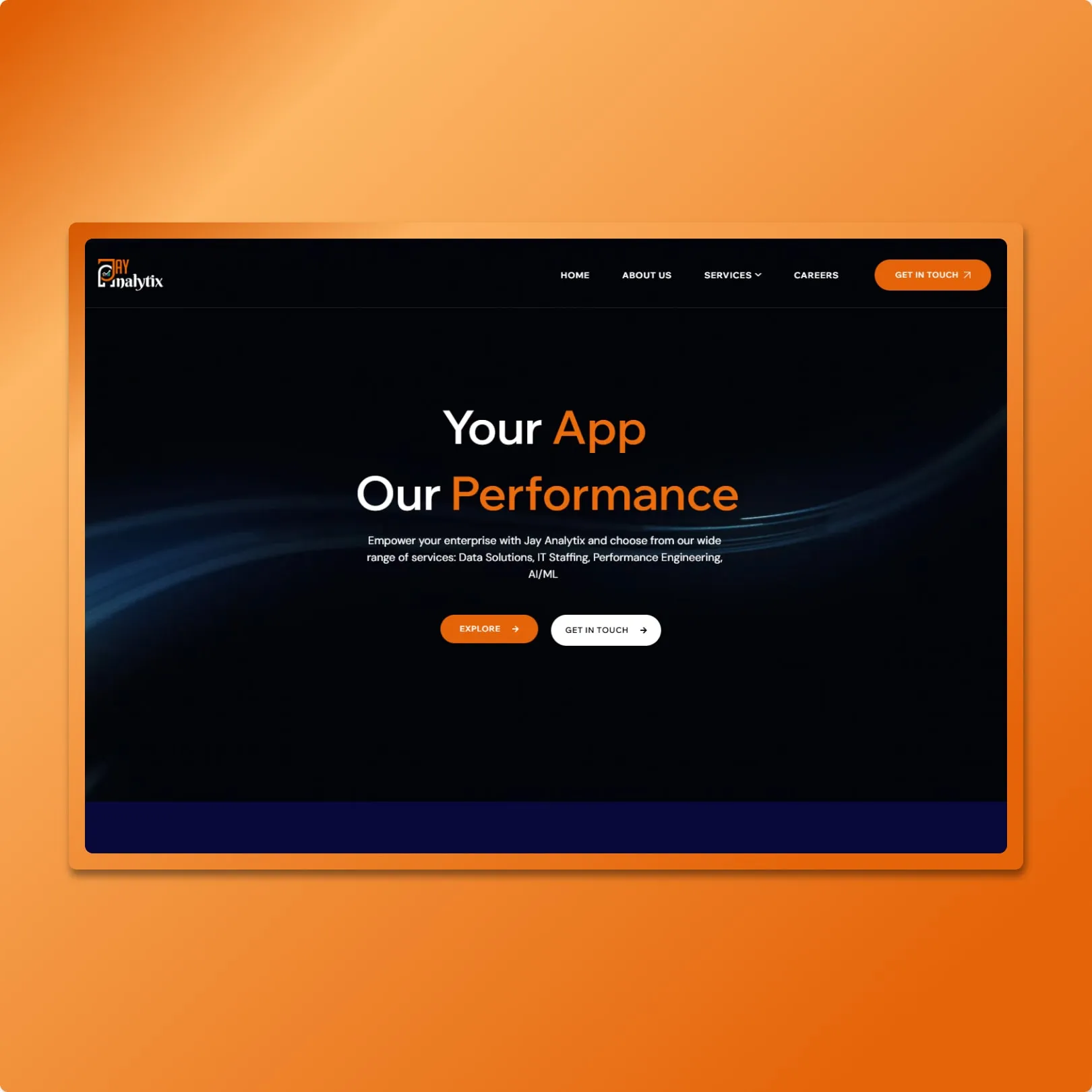 Dark mode AI analytics website with glowing abstract visuals, bold AI platform headline and request demo CTA