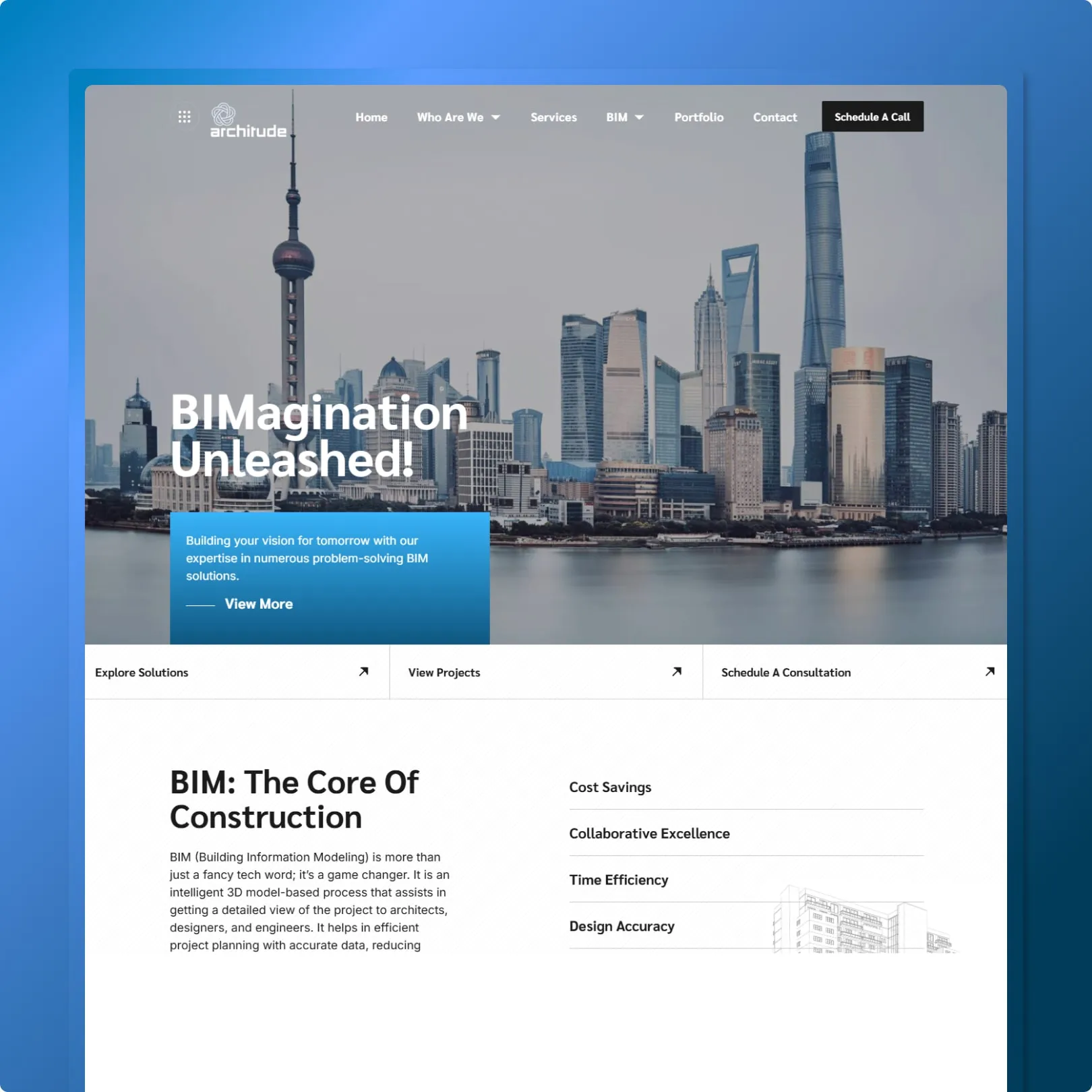 BIM architecture website with Shanghai skyline hero, BIMagination Unleashed headline and three quick navigation tiles