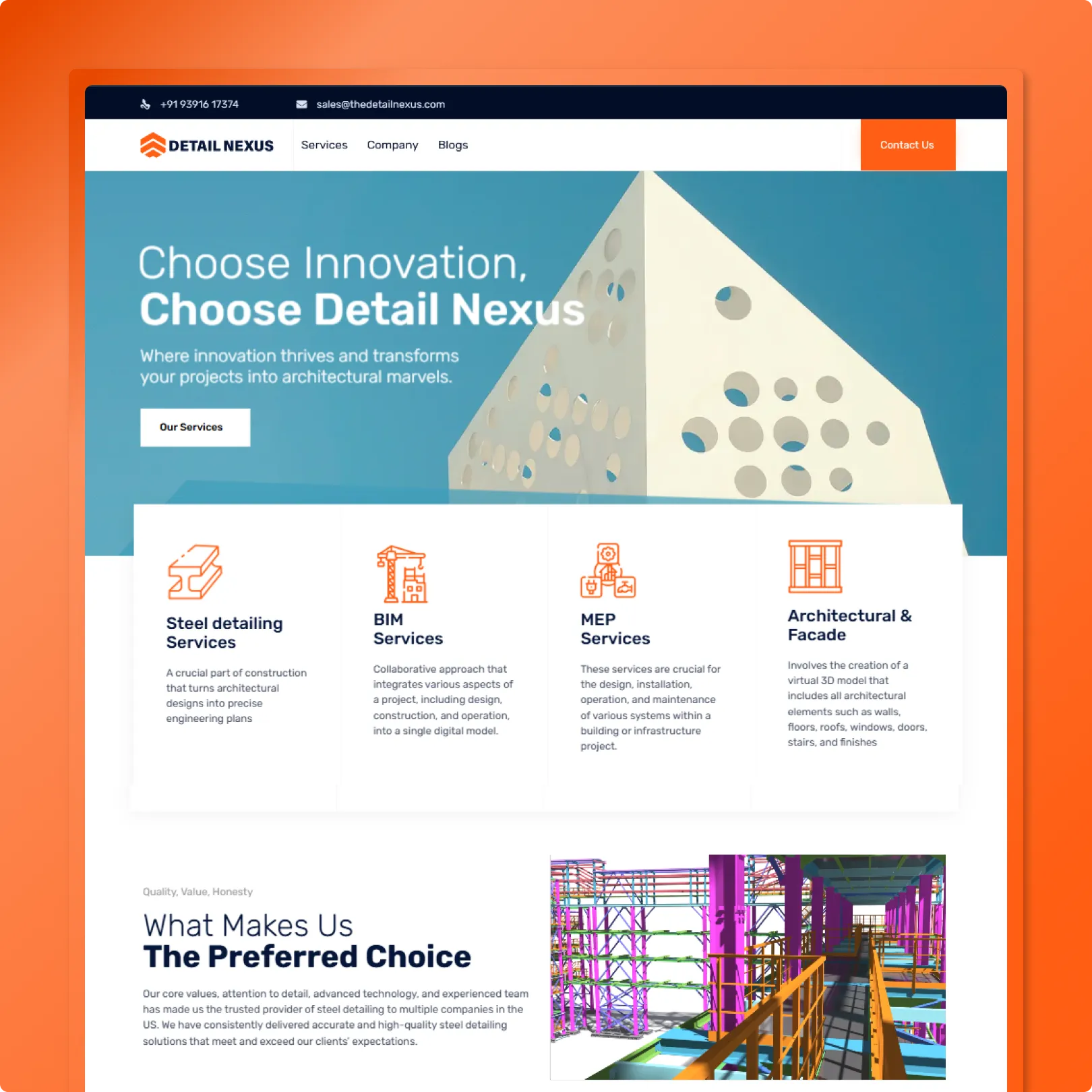 Engineering services website with triangular 3D model hero, Choose Innovation headline and four service icon cards