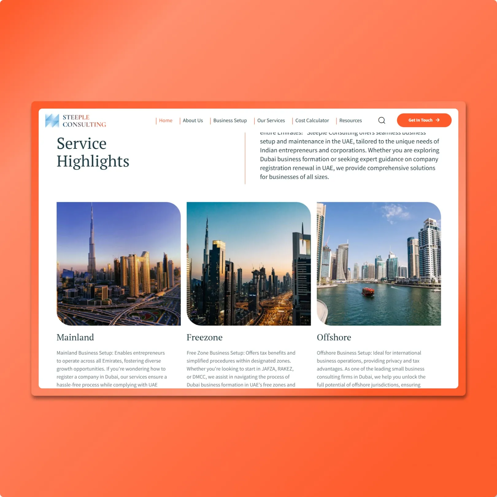 UAE consulting website with Dubai skyline imagery, Mainland Freezone Offshore service cards and professional navigation