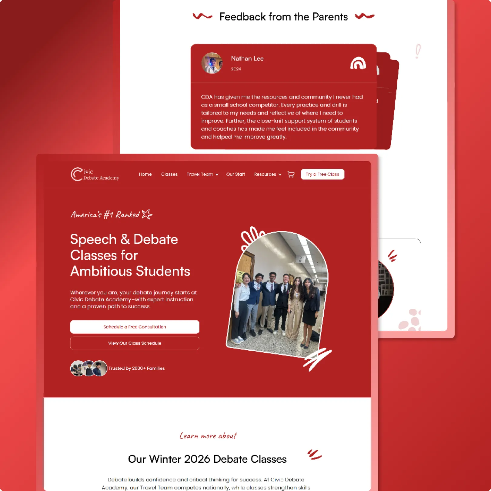 Red education website with debate class photography, Americas #1 Ranked badge, dual CTA and testimonials section
