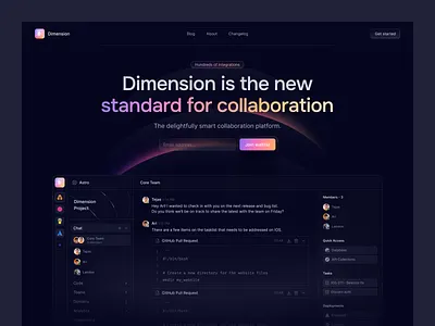Dark purple/violet gradient SaaS homepage with bold headline, product UI screenshot, feature list and sign-up CTA