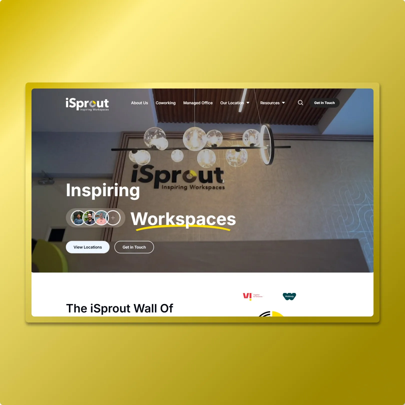 Coworking website with bold yellow brand, office photography hero, View Locations and Get In Touch CTAs, and logo clients strip