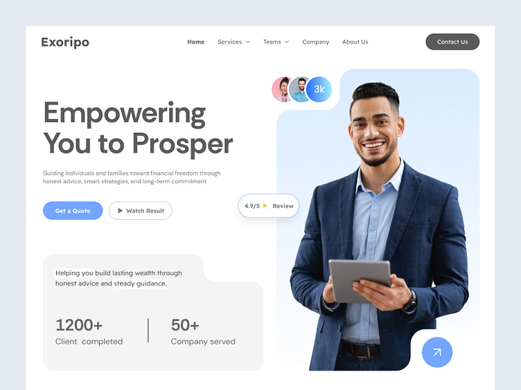 Professional corporate services landing with split hero, financial metrics, advisor photography, and Book a Call CTA