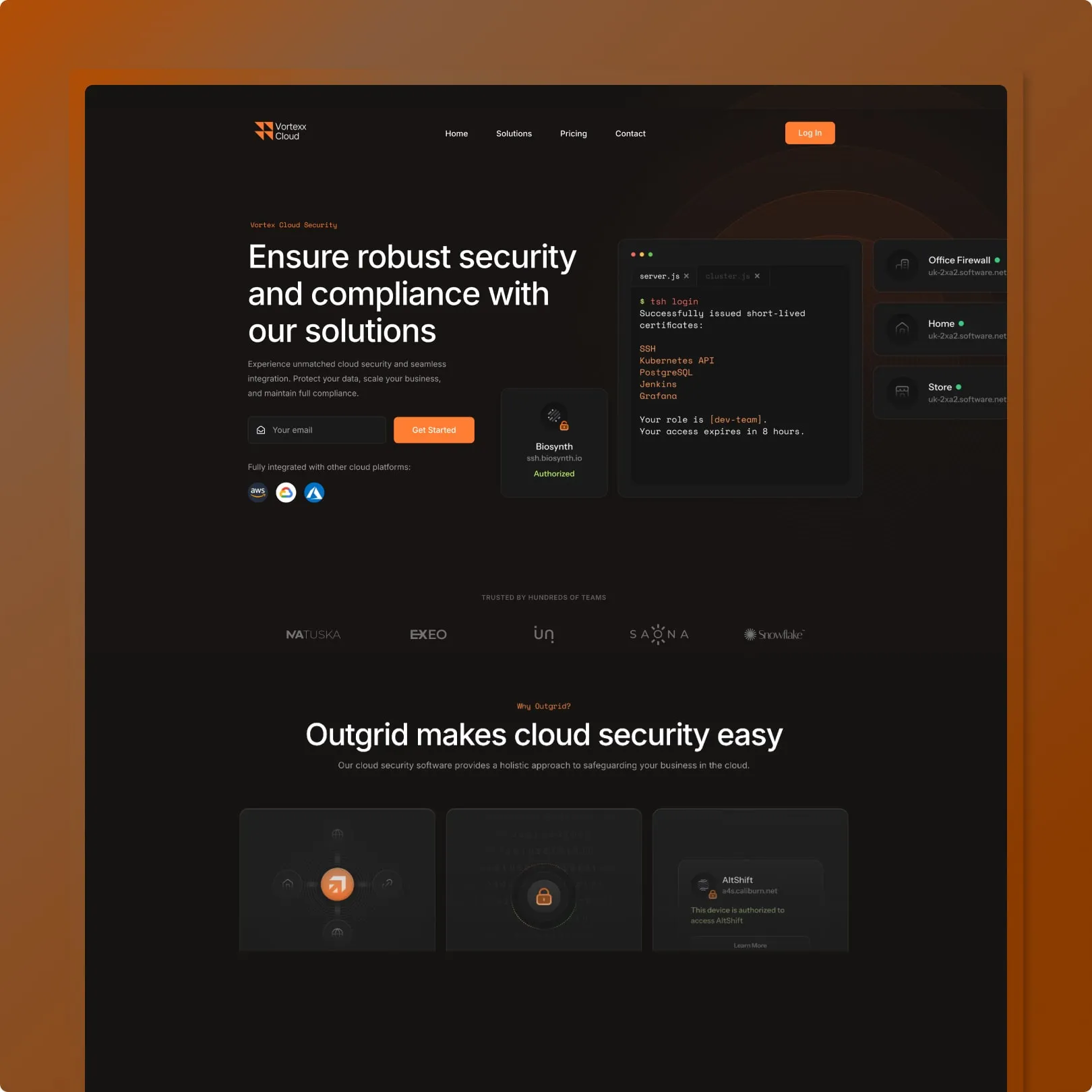 Dark cloud security SaaS website with terminal authentication screen, orange accents, trusted by logos and Why Outgrid section