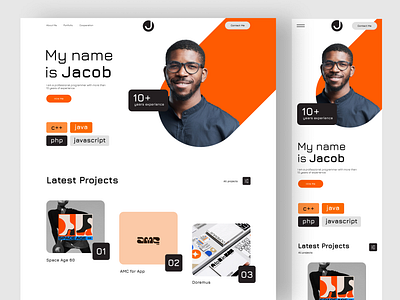 Developer portfolio website with orange geometric hero, tech stack badges, 10+ years experience and latest projects grid