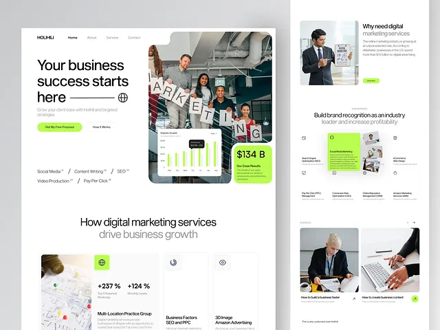 Green digital marketing agency site with bold headline, ROI stats, service list and team photo collage
