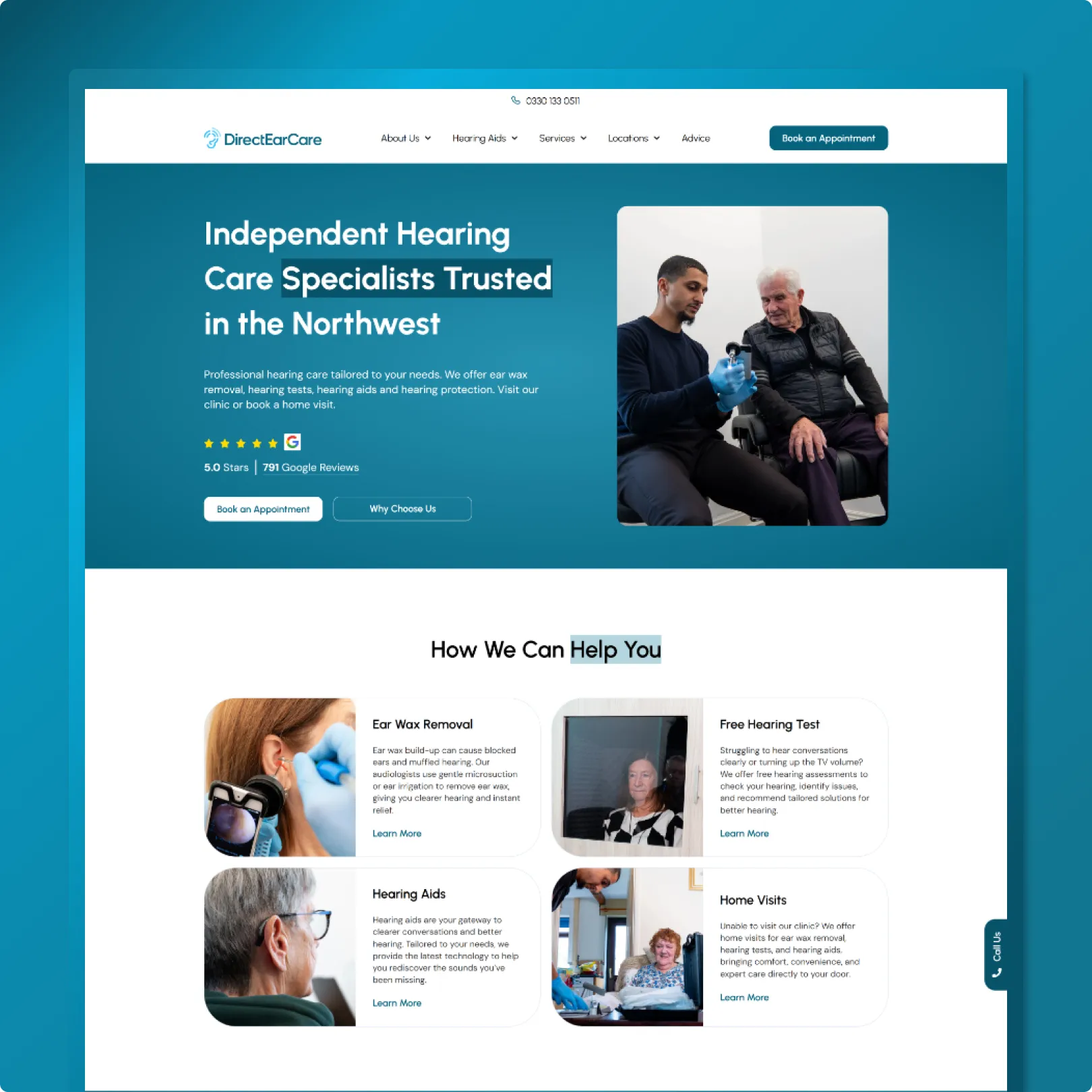 UK hearing care clinic website with teal hero, specialist photo, Google star ratings and service grid below the fold