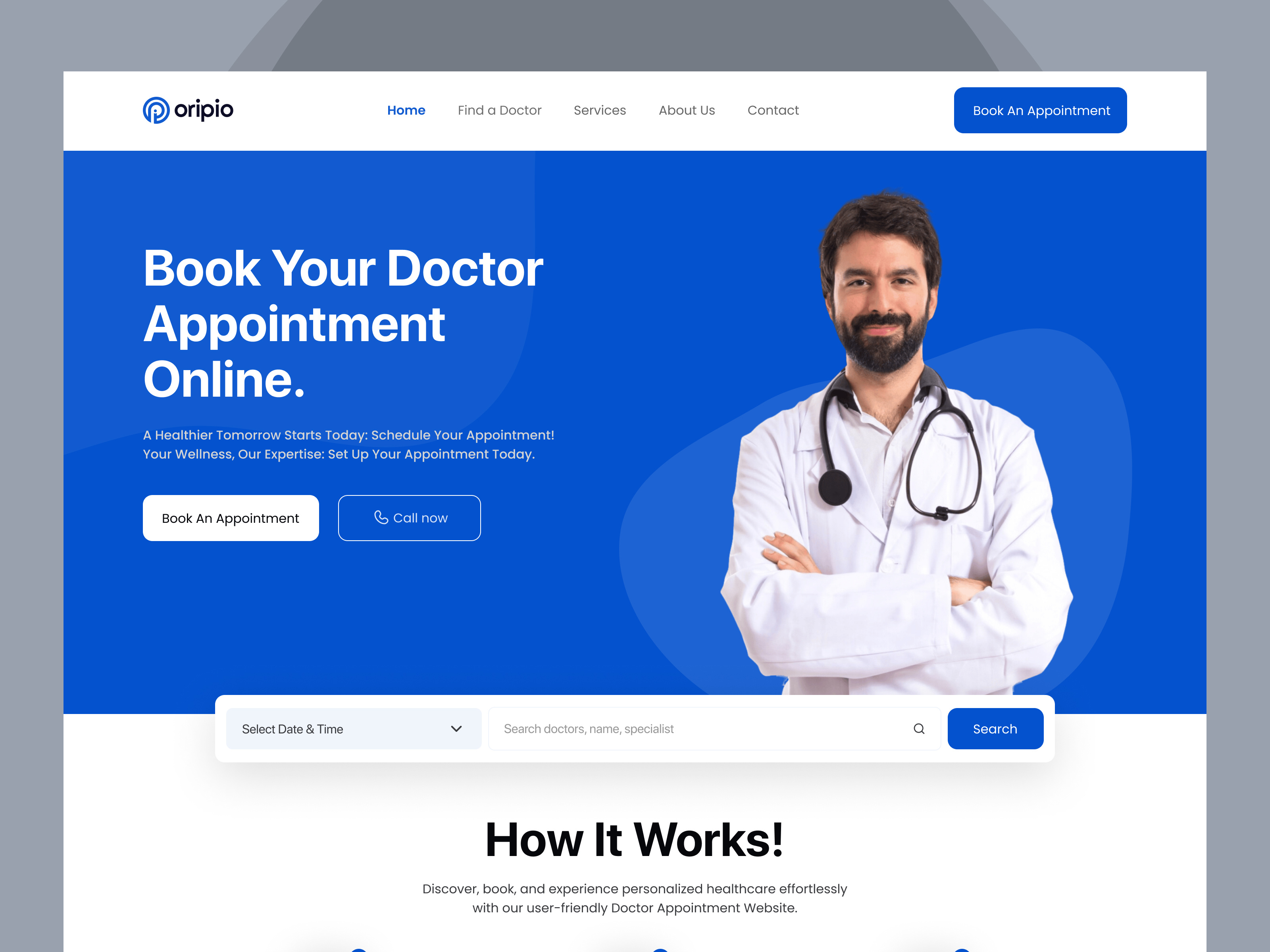 Clean blue healthcare landing page with doctor hero, date-time search bar, appointment booking CTA and how-it-works section