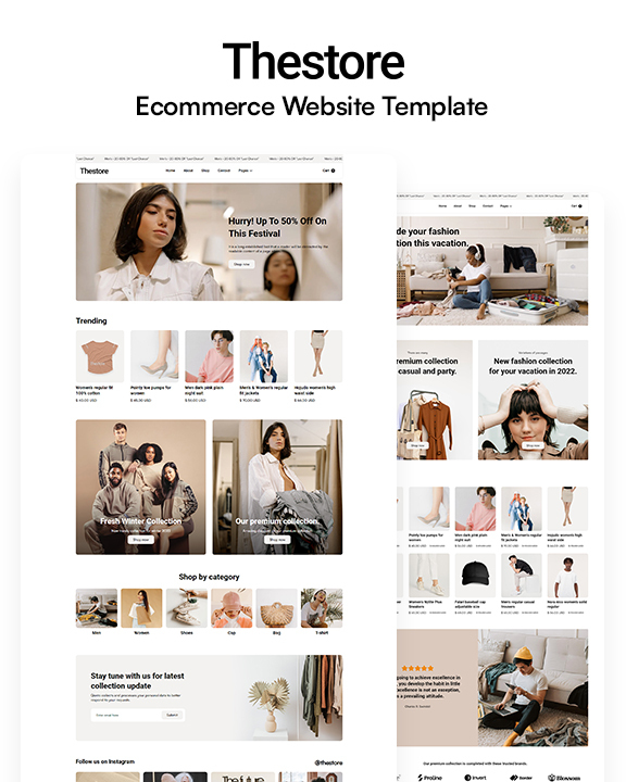Fashion ecommerce website with festive hero banner, trending product grid, category tiles, newsletter and Instagram feed