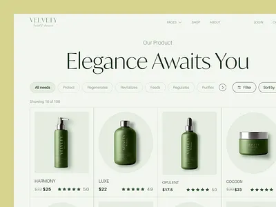 Clean green skincare product catalog with filter bar, product cards with ratings, and sort options on white background