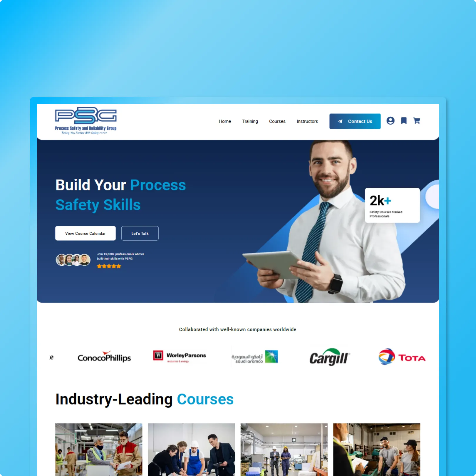 Industrial training website with blue professional hero, Build Your Process Safety Skills headline, company logos and course grid