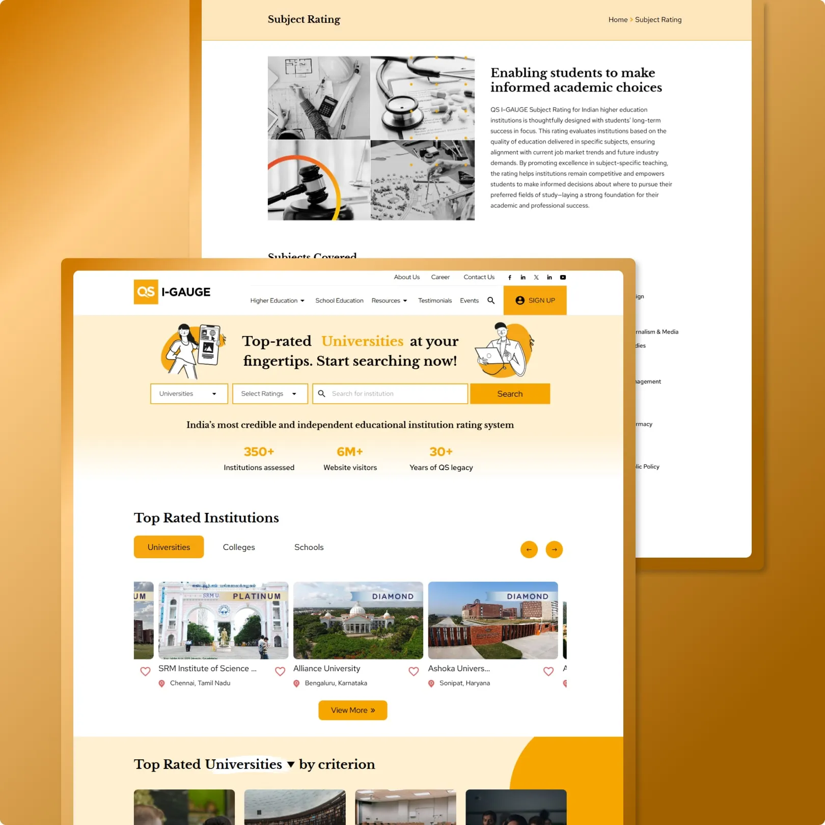 Education rating platform with yellow brand, search institutions interface, 350+ ratings and top rated institutions grid