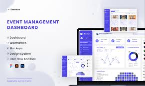 Purple event SaaS dashboard with attendee analytics, ticket sales charts, comparison platform mobile screens, and brand logos