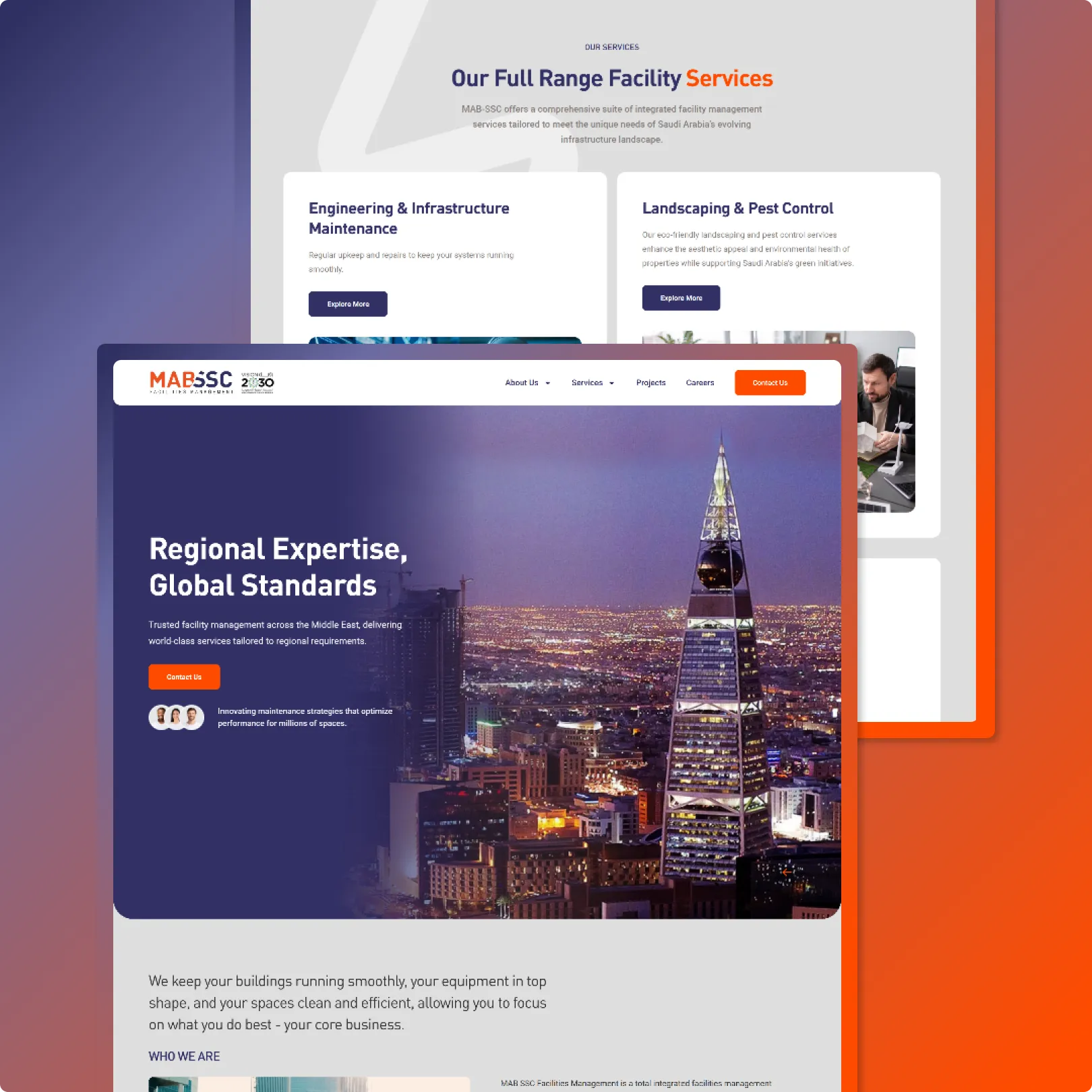 Facility management website with Riyadh skyline hero, Regional Expertise headline, contact CTA and service highlights