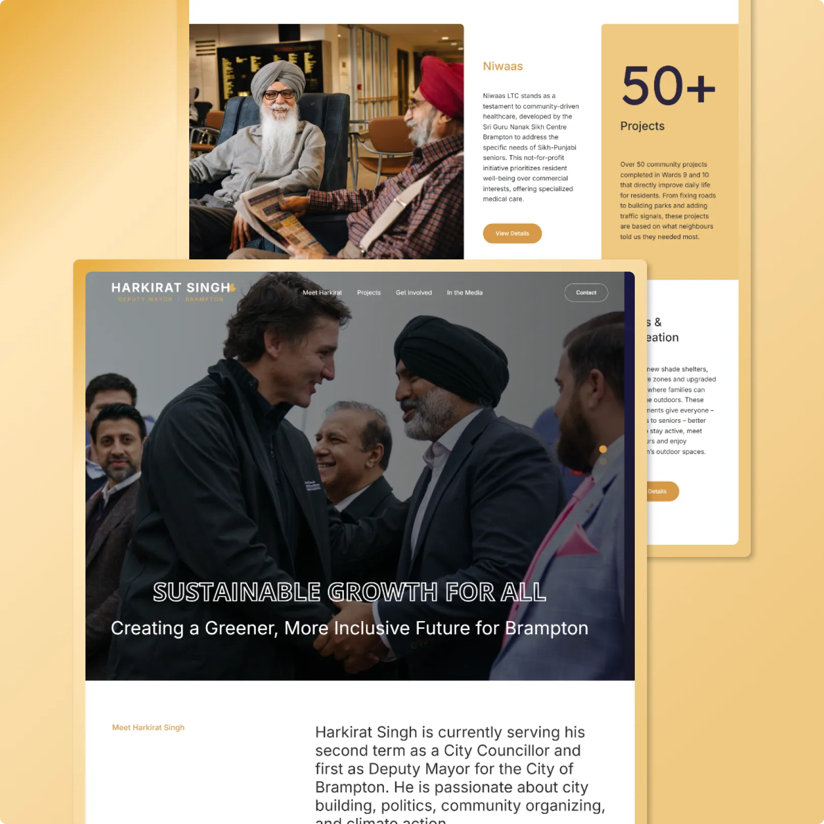 Government official website with Sustainable Growth For All headline, political event photography, 50+ projects counter and Niwaas healthcare feature