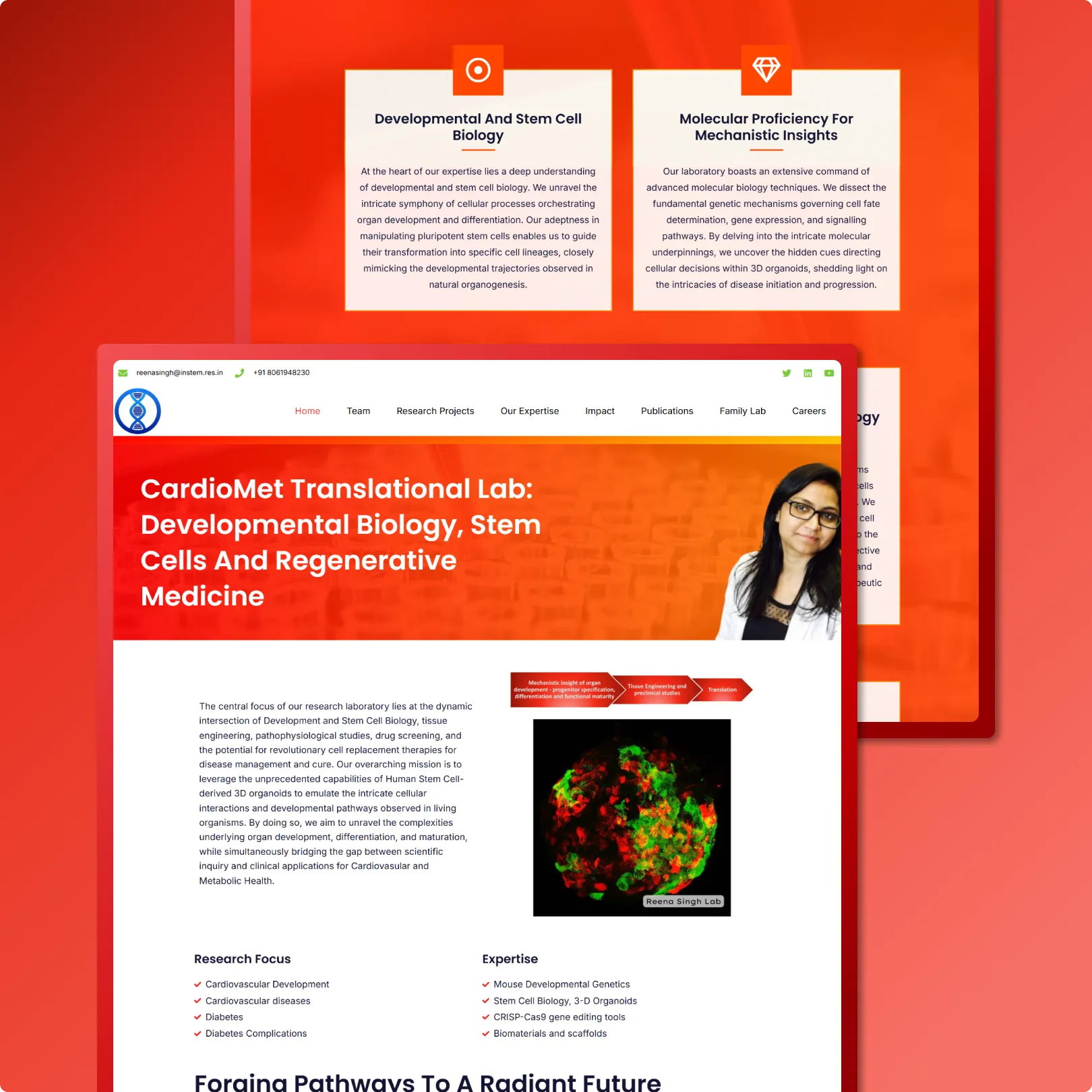 Biotech research laboratory website with researcher portraits, colorimetric cell imagery and AISC content sections