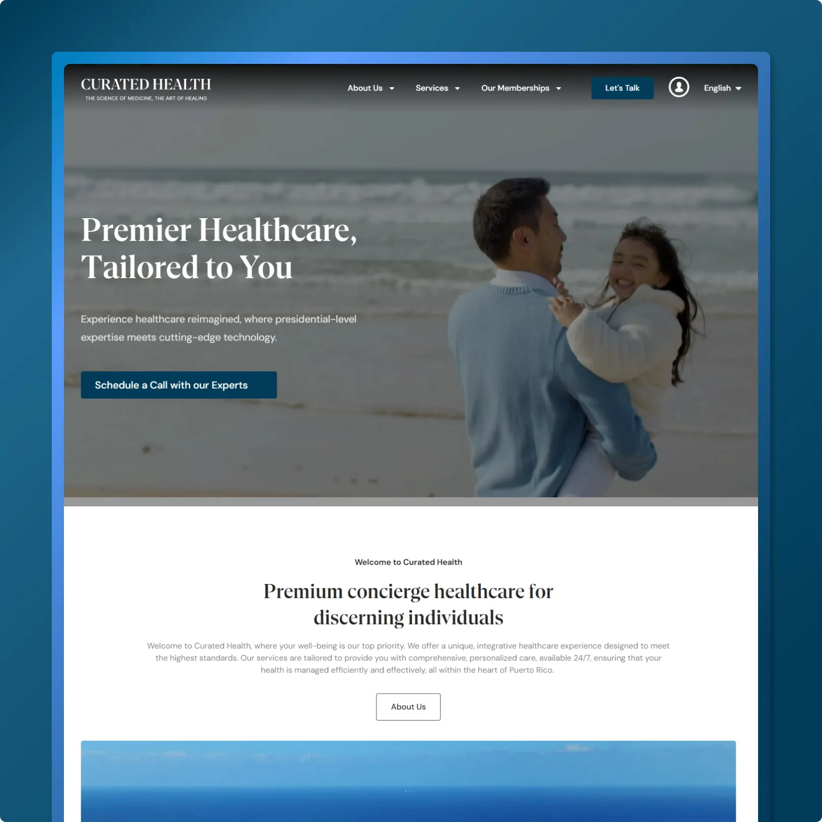 Premium healthcare website with full-width hero, teal gradient, beach lifestyle imagery and premium CTA buttons