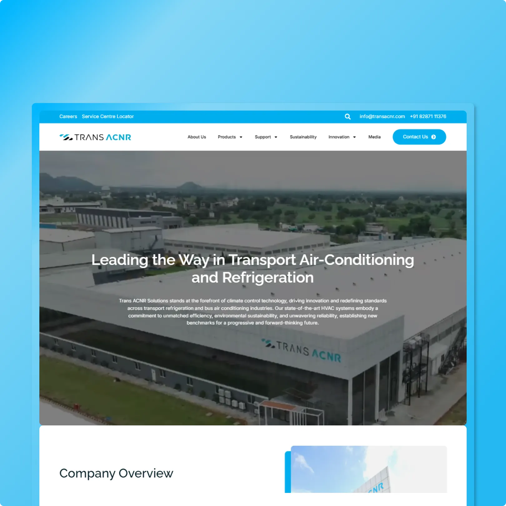 HVAC manufacturing company website with aerial factory facility photography, bold headline and company overview section