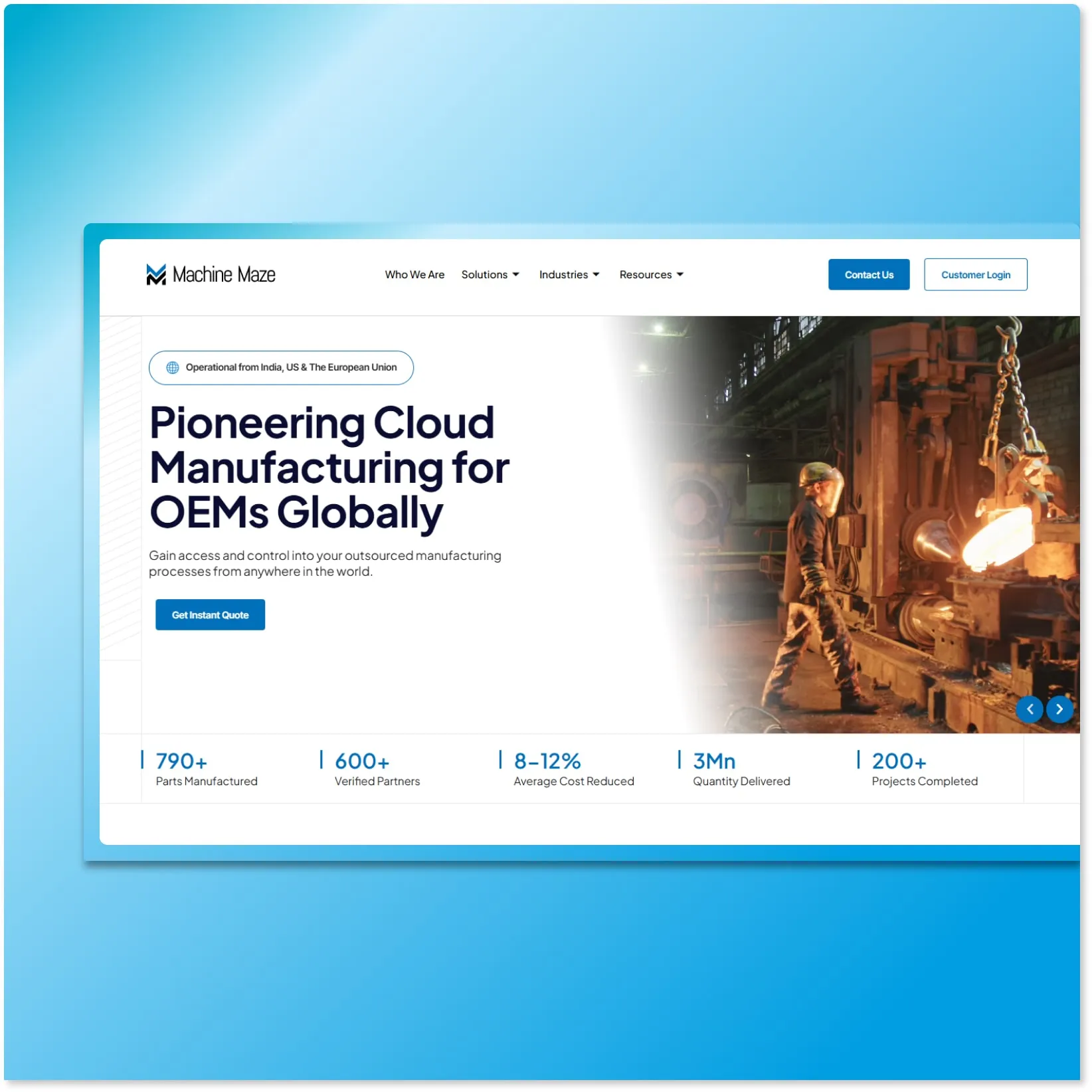 Cloud manufacturing SaaS with industrial hero photography, Pioneering Cloud Manufacturing headline, geo badge and KPI stats