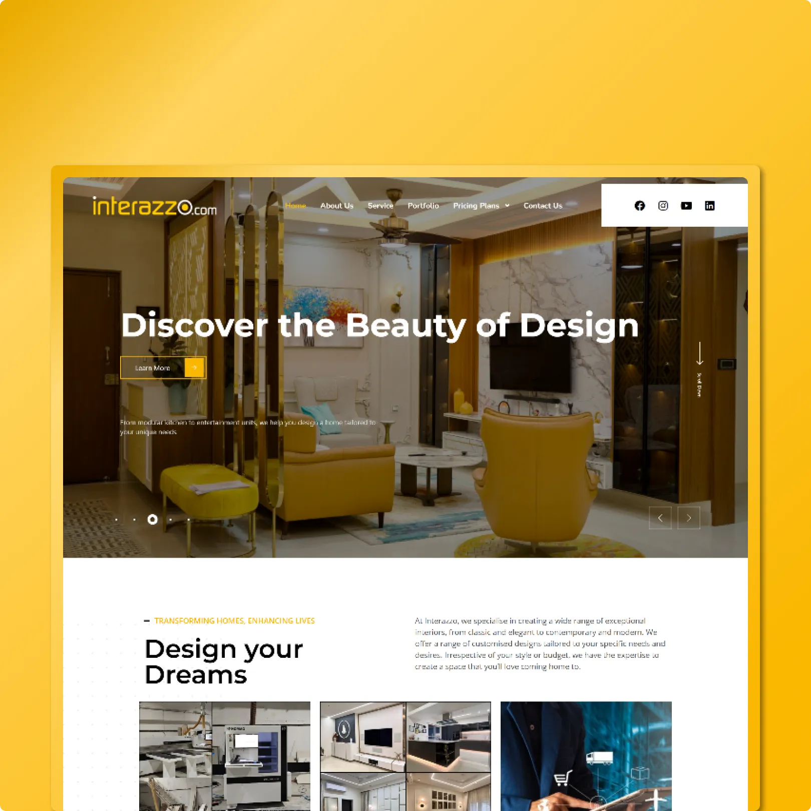 Interior design website with luxury apartment photography hero, Discover the Beauty of Design headline and portfolio tiles