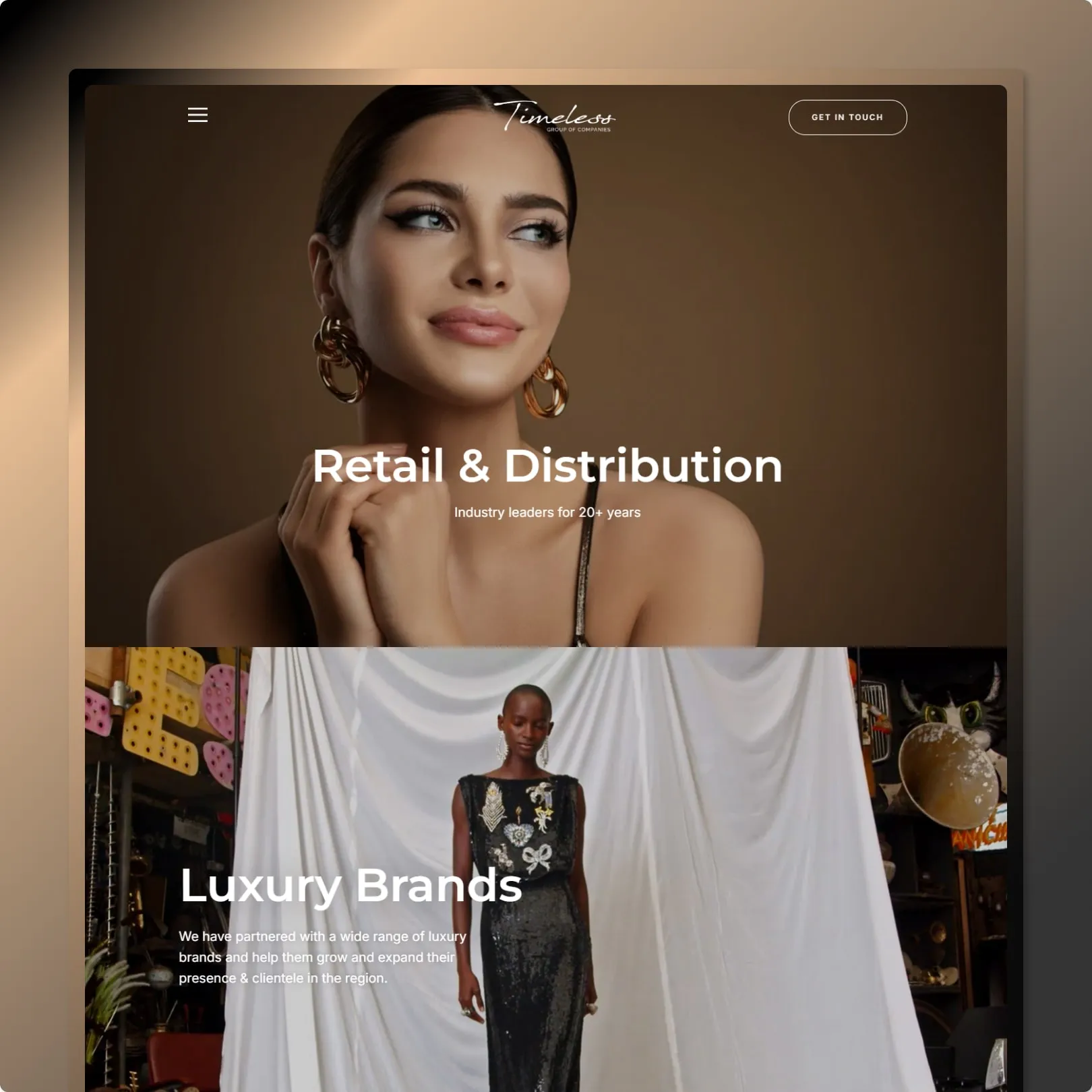 Dark luxury retail website with editorial fashion photography, Retail & Distribution headline, and Luxury Brands section