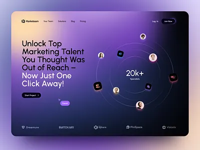 Dark purple gradient talent marketplace with orbital network graph, 20k specialists stat, and Start Project CTA