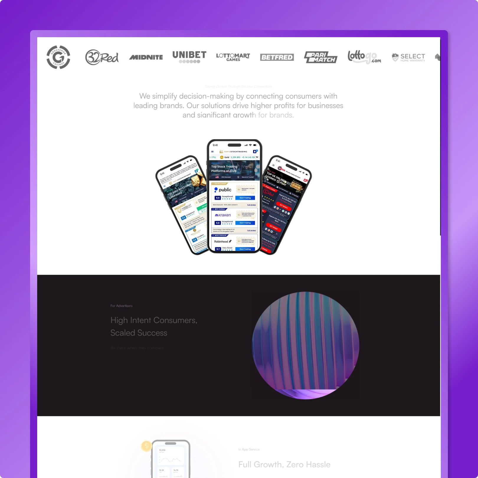 Mobile app comparison platform with stacked phone mockups, brand logos and comparison platform product sections