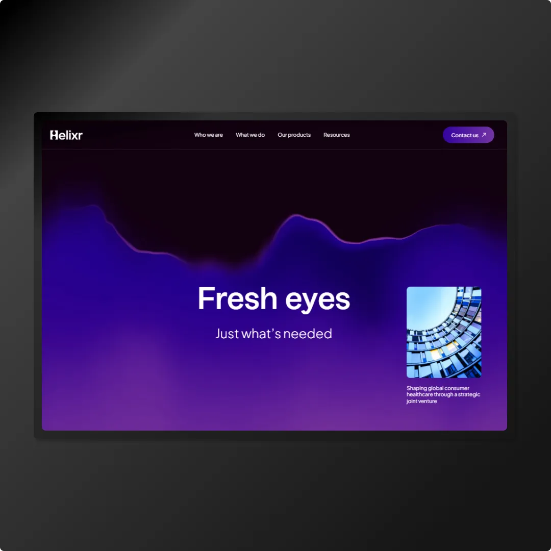 Dark purple gradient consulting website with Fresh eyes headline, case study preview card and minimal navigation
