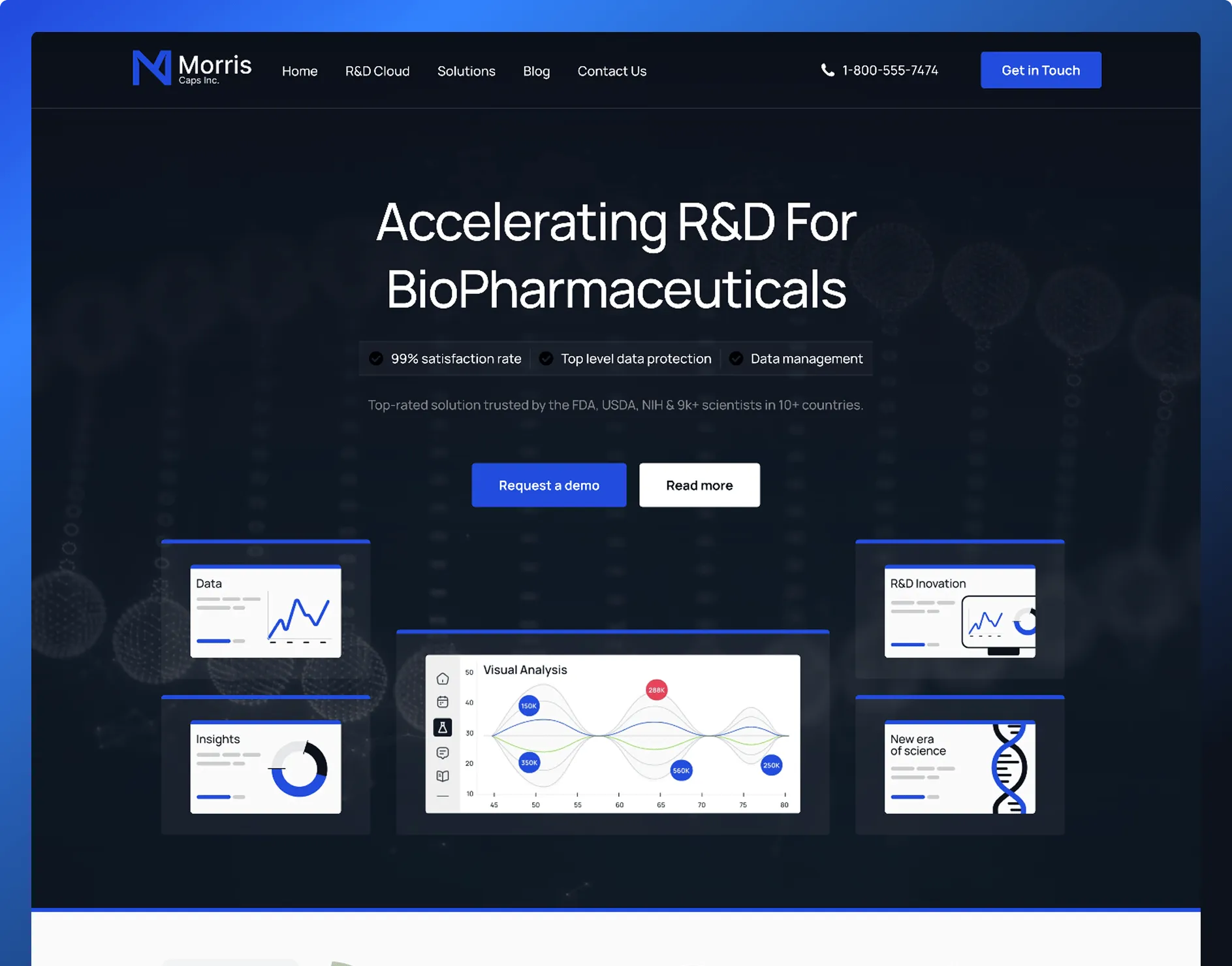 Dark blue BioPharma SaaS landing page with large headline, trust badges, floating dashboard UI cards and data charts