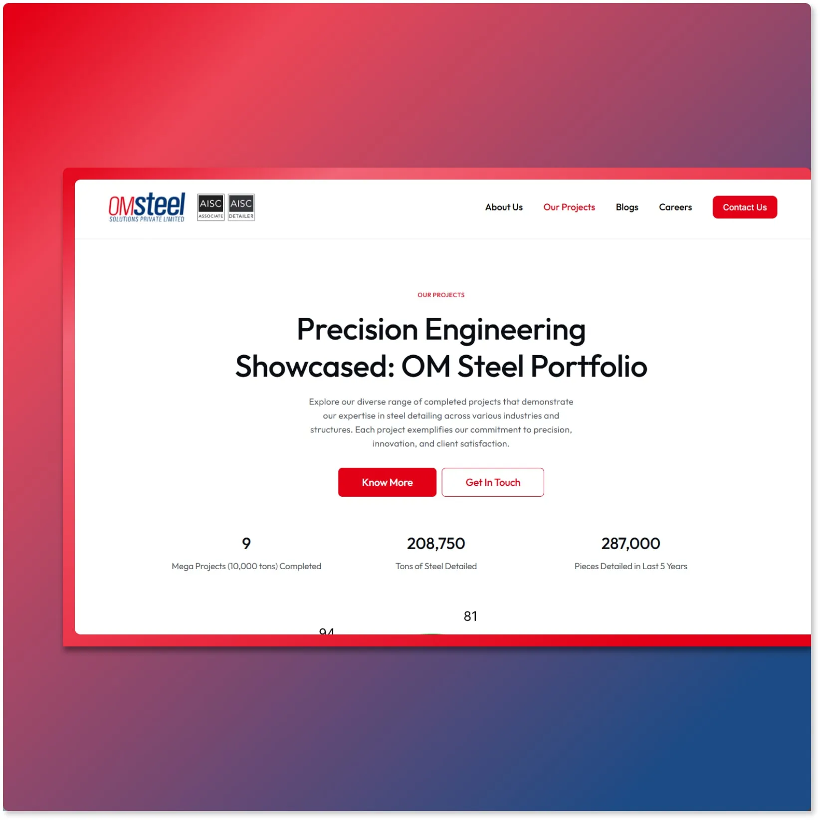 Steel detailing portfolio website with red gradient, AISC badges, precision engineering portfolio headline and KPI metrics