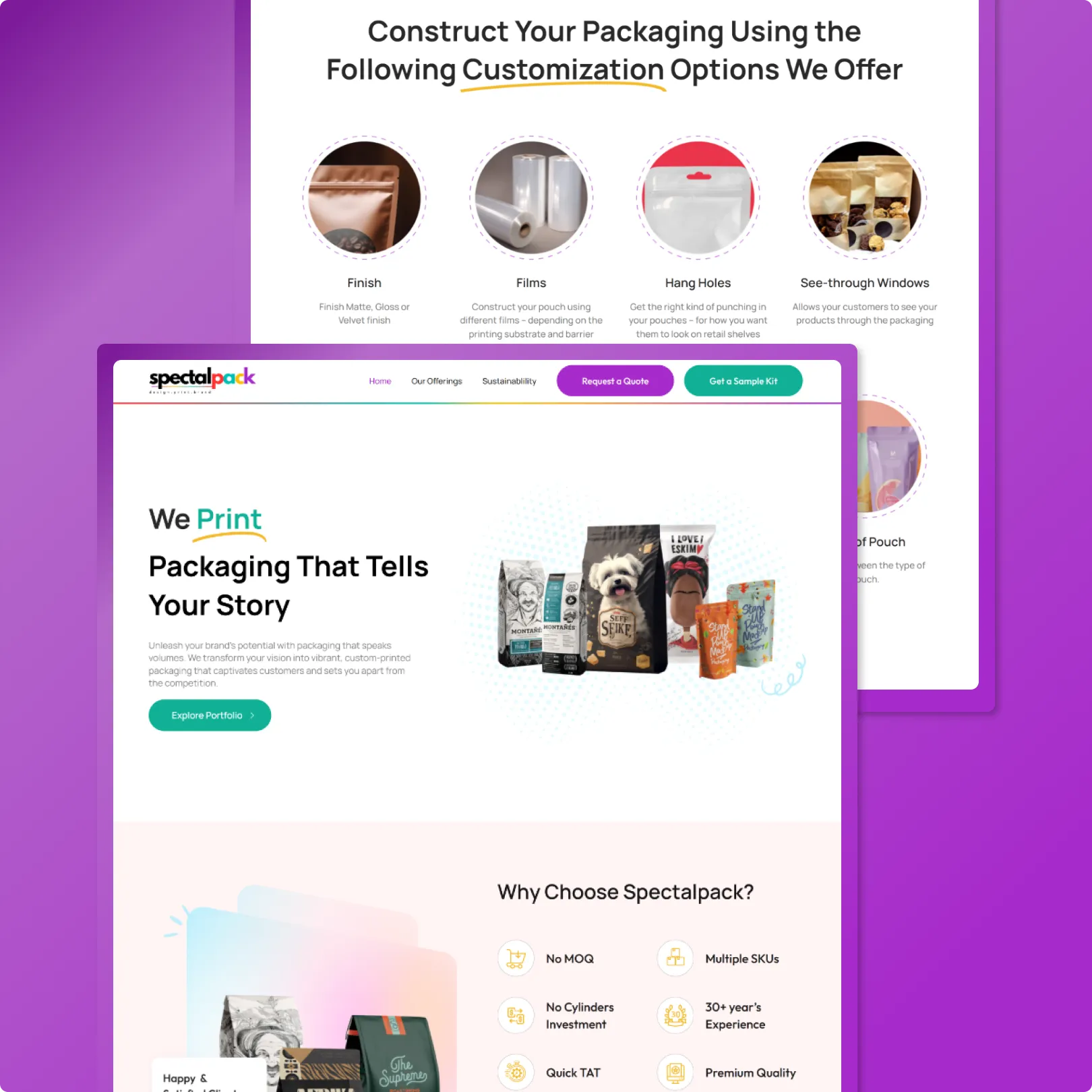Colorful packaging website with diverse pouch products, We Print headline, and Explore Portfolio CTA on clean layout