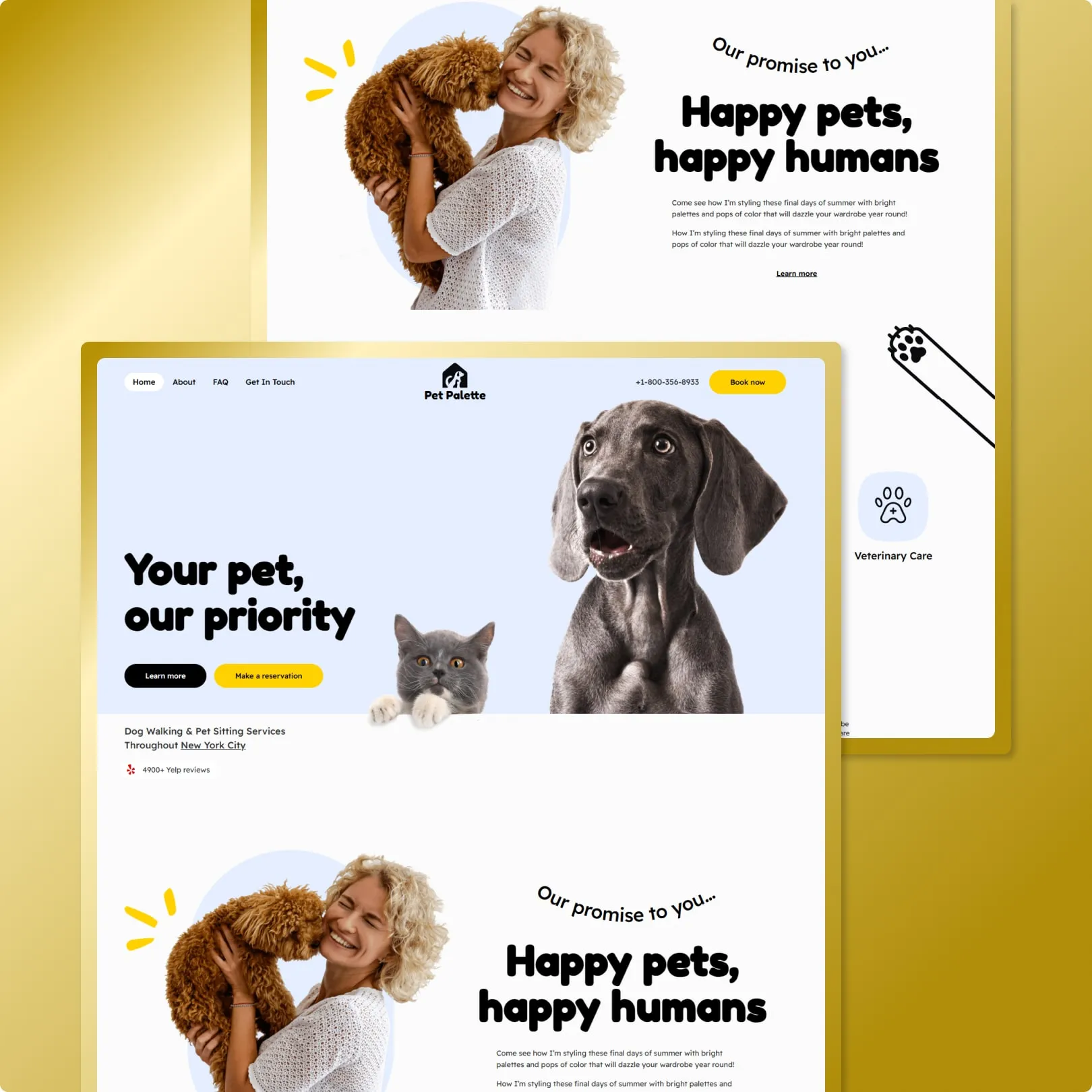 Pet care website with happy dog photography, Your pet our priority headline, Book now and Learn more CTAs, and veterinary service cards