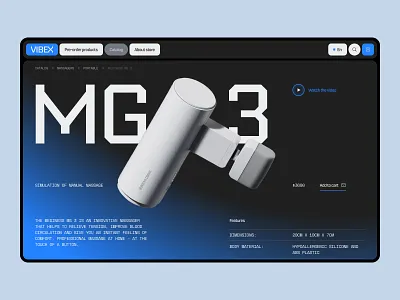 Dark product showcase page with 3D rendered device hero, large product name, watch video CTA and feature columns below
