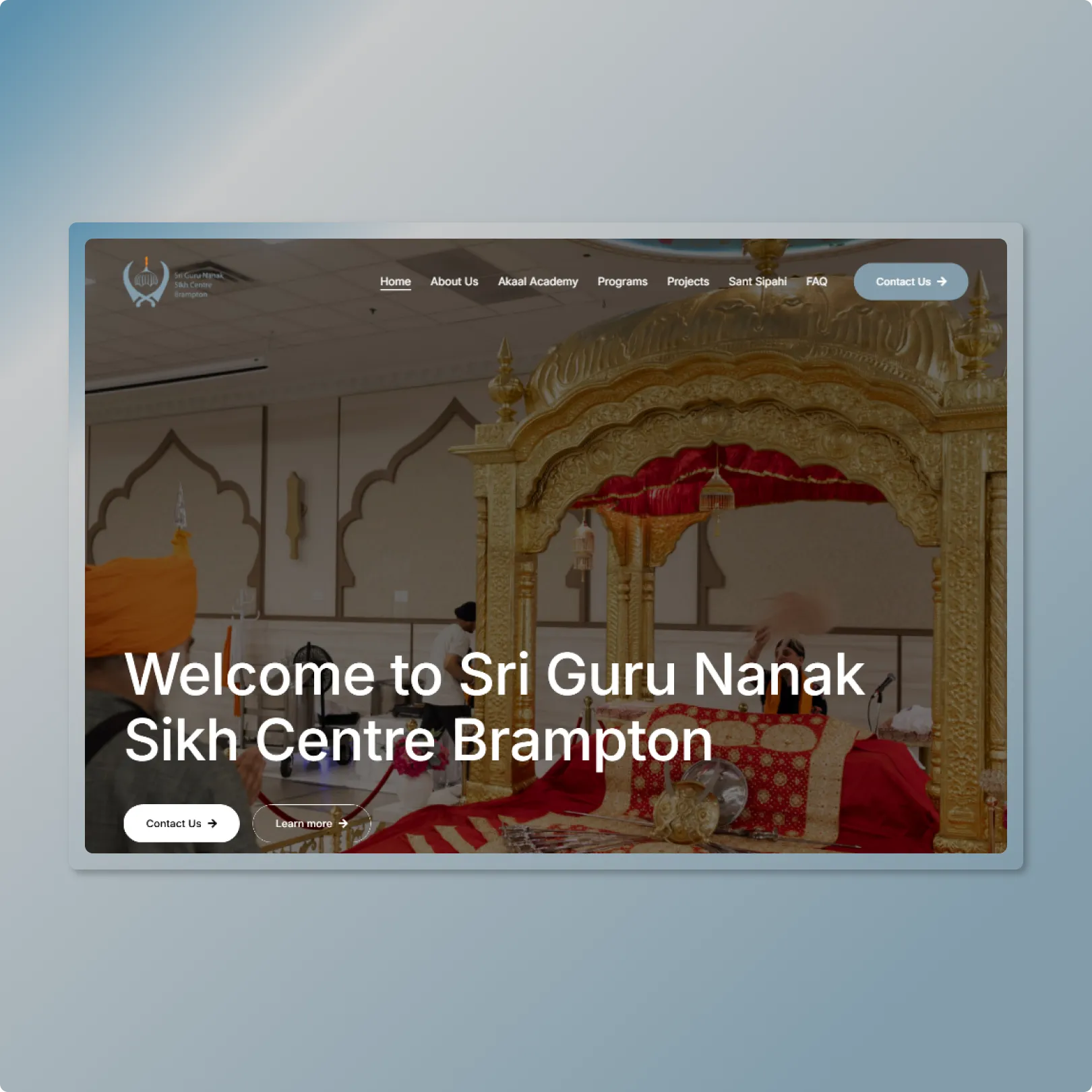 Religious community website with ceremony photography hero, Welcome to Sri Guru Nanak headline, Contact and Learn more CTAs