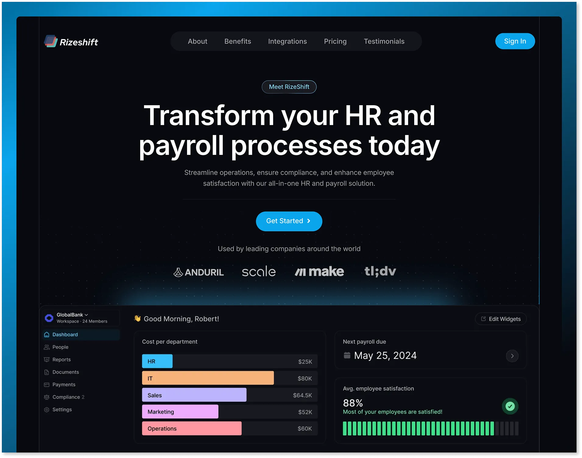 Dark HR & payroll SaaS landing page with large headline, product dashboard screenshot, brand logos and Get Started CTA