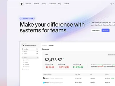 Light SaaS landing page with product screenshots floating on gradient, social proof logos and sign up CTA