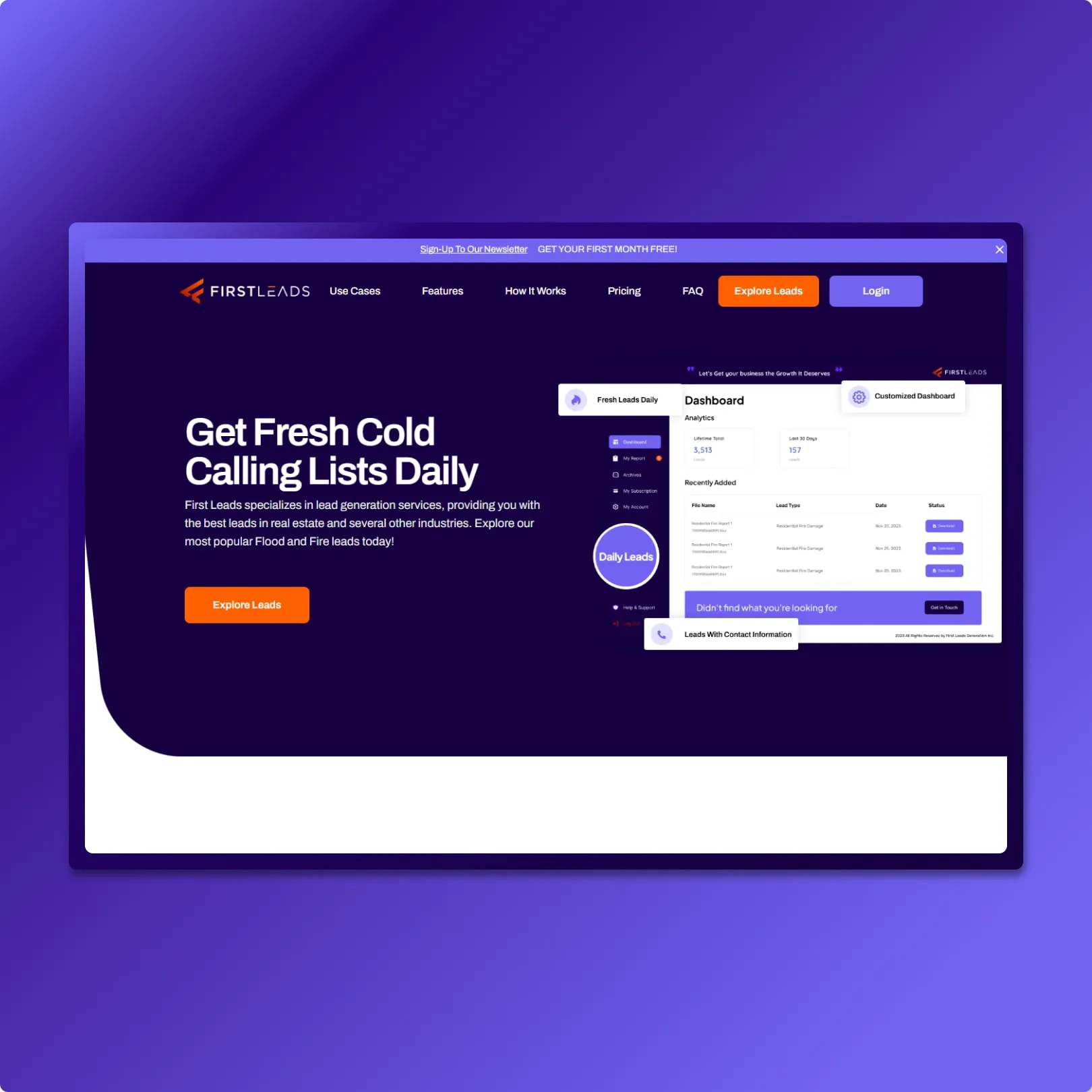 Dark purple lead generation SaaS landing with bold headline, product dashboard screenshot, orange CTA and feature overview