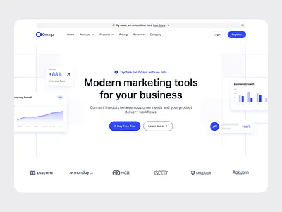 Clean white SaaS landing with bold headline about marketing tools, inline product UI, company logos and free trial CTA