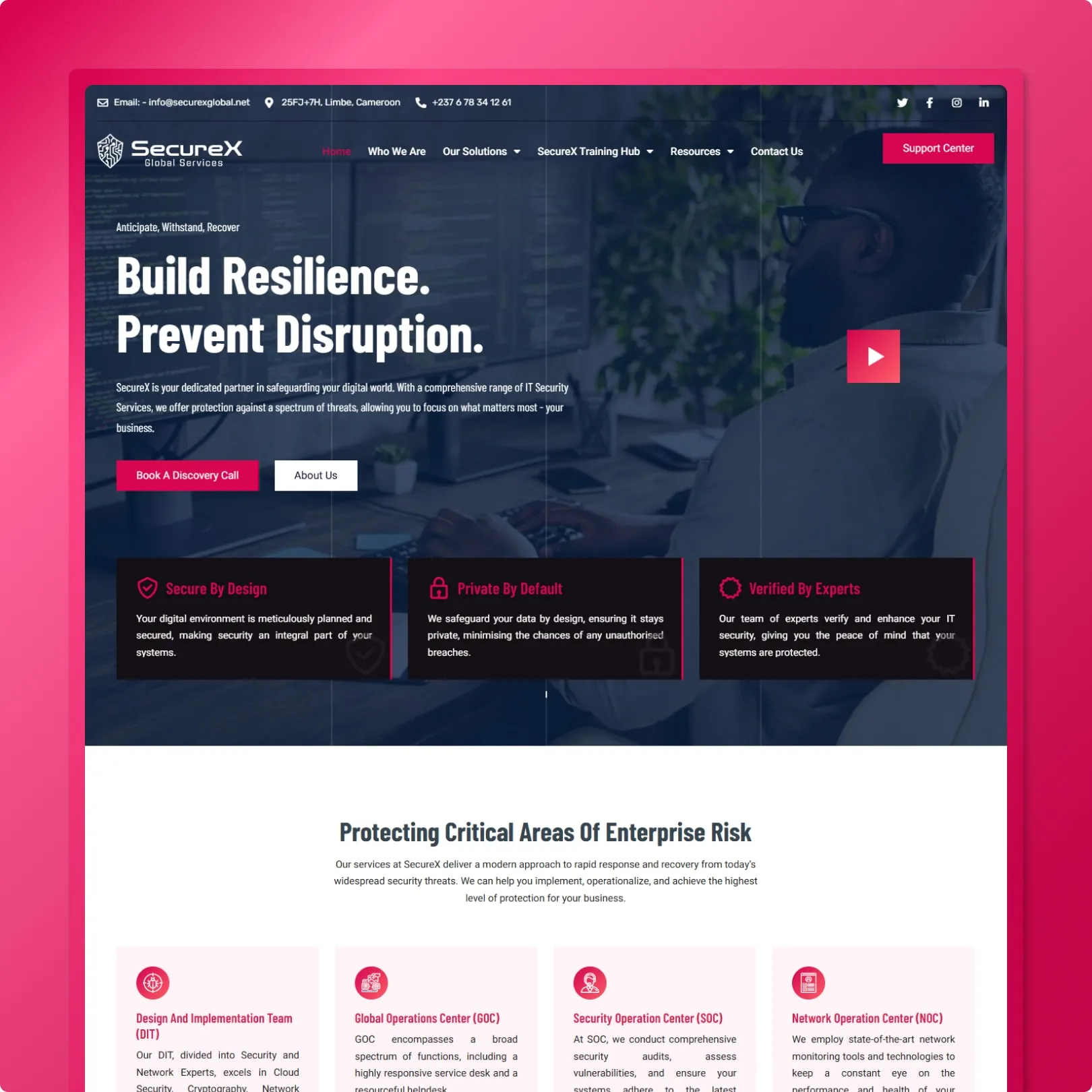 Dark red cybersecurity website with Build Resilience Prevent Disruption headline, three service cards and Book Discovery Call CTA