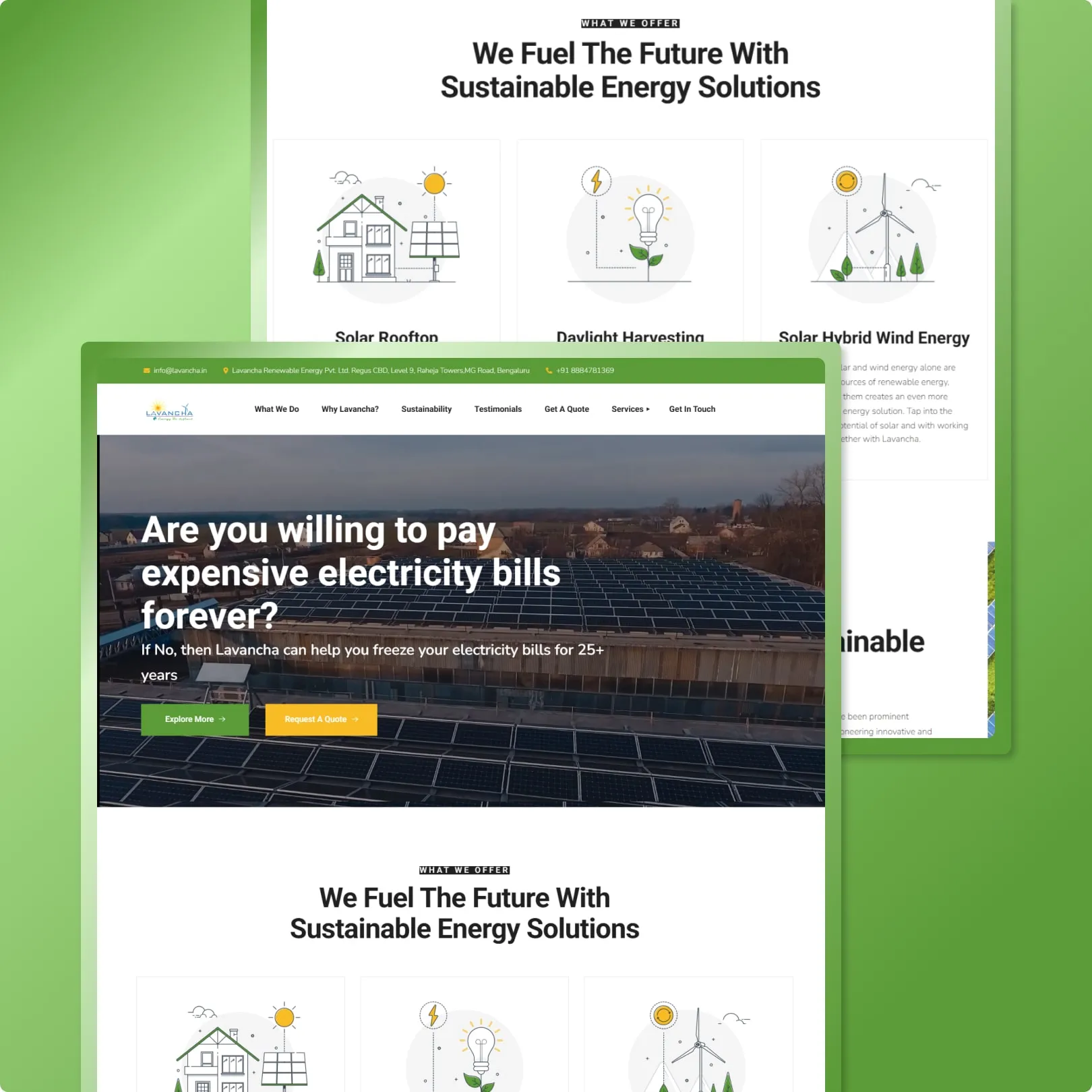 Solar energy website with rooftop solar farm photography, Are you willing to pay electricity bills forever headline and green CTAs
